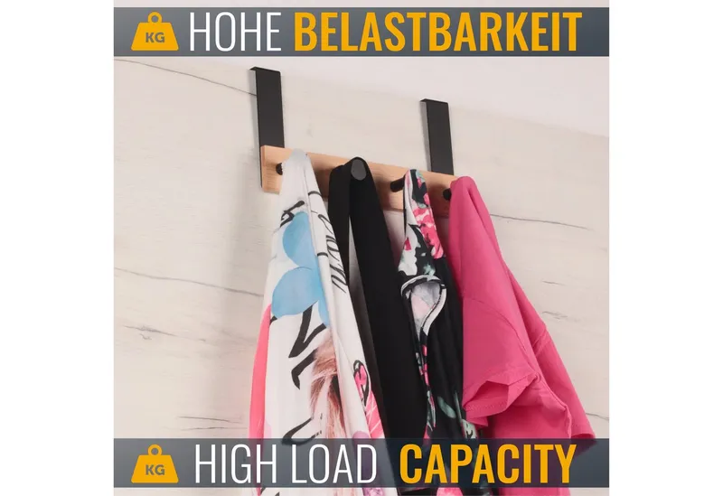 RICOO Garderobenleiste Tür Hakenleiste Hängegarderobe Türhakenleiste aus Bambus Stahl 4 Haken (1-er Set / 1 Stk. / MH029N-4, 1 St., Türgarderobe Garderobenhaken Tür Hakenleiste Platzsparende Garderobe), Garderobe ohne Bohren Kleiderhaken Tür bis max 23mm Türbreite, Braun, – Produktbild 4 von 5
