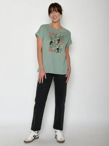 GreenBomb GREENBOMB Tucan Flower Loony - Sportliches T-Shirt aus Bio-Baumwolle mit Rollup Sleeve / hochwertiger Print / GOTS / Fair & Vegan, Grün (blassgrün), – Produktbild 3 von 4