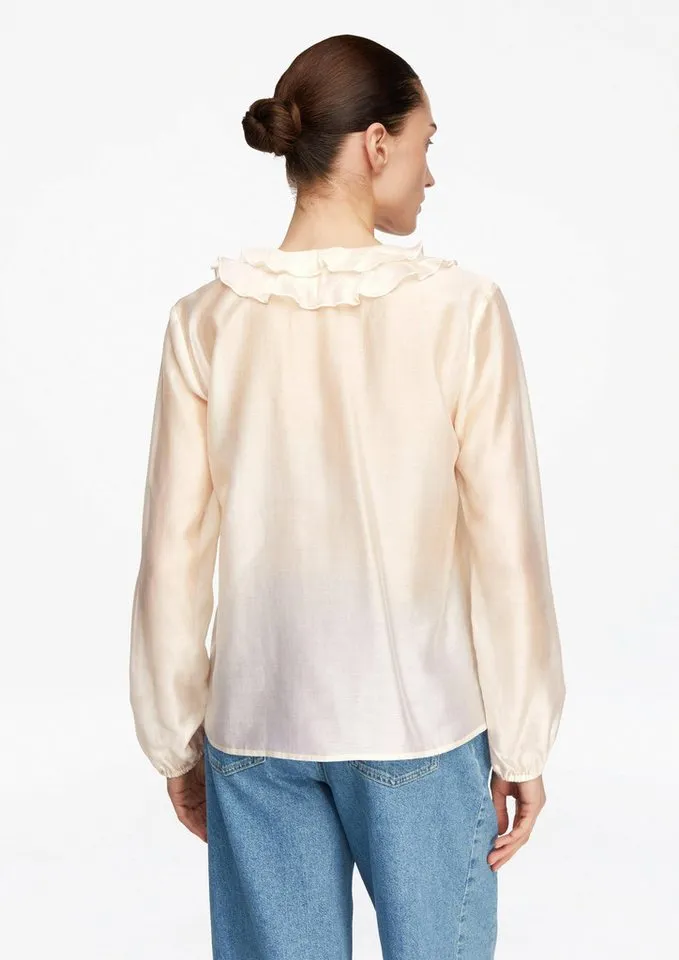 comma comma Langarmbluse Bluse Lyocell-Bluse mit Volants, Beige, – Produktbild 3 von 5