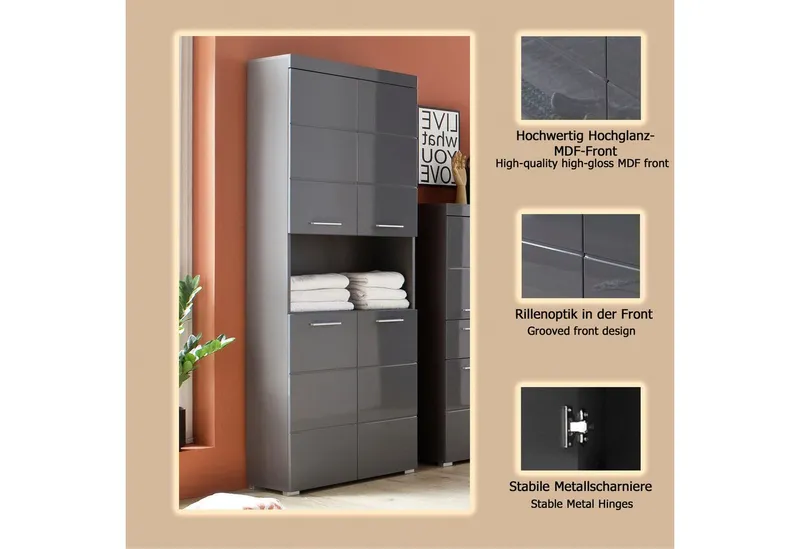welltime Hochschrank Avena Badschrank 4-türig mit o. Fach und 4 Einlegeböden - B/T/H 73/31/190 cm, Grau, – Produktbild 1 von 4