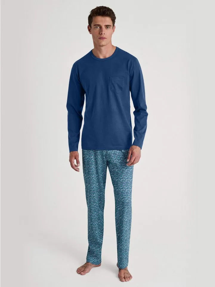CALIDA CALIDA Schlafanzug Relax Imprint 2 (2 tlg) Langarm-Shirt & Hose mit geradem Bein, Blau, – Produktbild 1 von 5