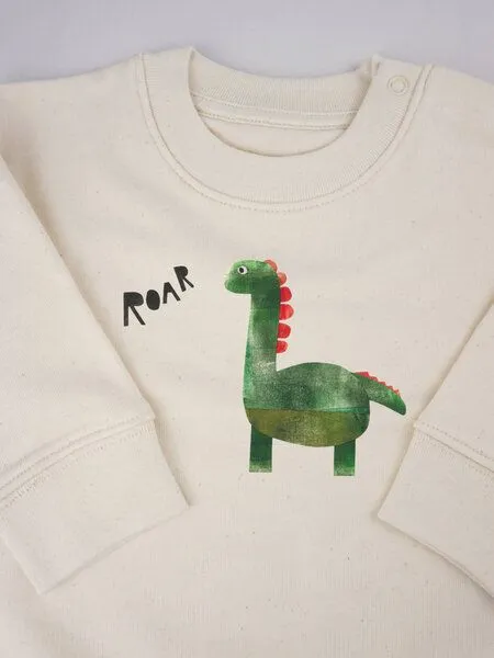 MelaDi Meladi Kinder Baby - Sweater aus Biobaumwolle - Dino auf Natural Raw, Weiß, – Produktbild 4 von 8