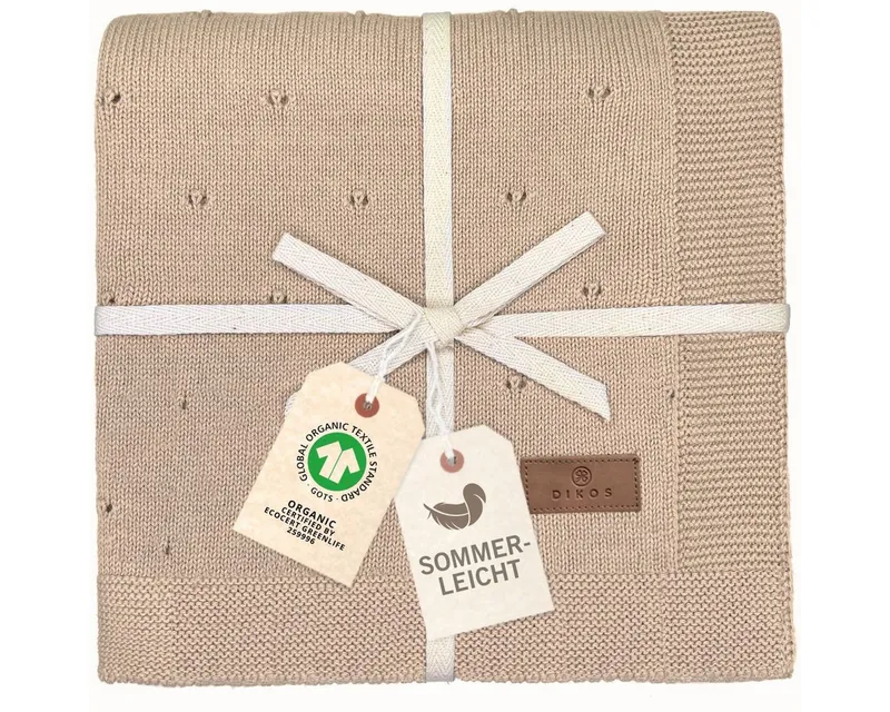 Babydecke DIKOS® aus *100%* Bio Baumwolle, Strickdecke, Geschenk zur Geburt, DIKOS, PREMIUM Qualität, Sommerdecke Ajour, 75x100, atmungsaktiv, weich, Warmes taupe, – Produktbild 1 von 5