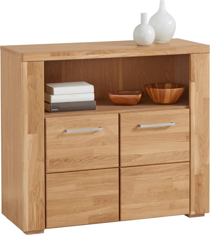 OTTO home Kommode Celle, 90cm breit, 35cm tief, Fronten Massivholz, Holz massiv, Holzwerkstoff, Metall Griffe,3 breite Fächer, Braun, – Produktbild 7 von 8