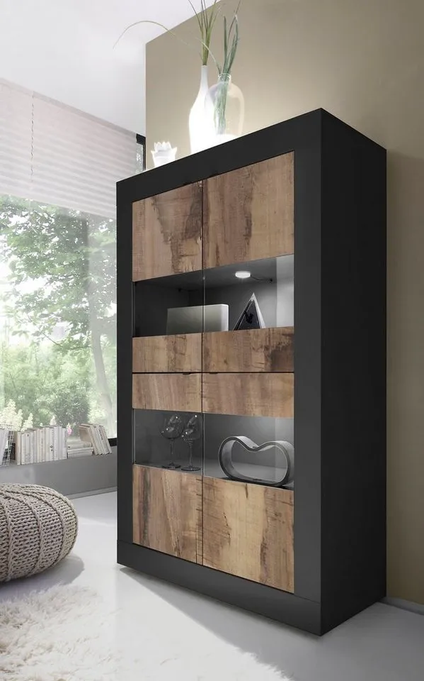 Home affaire Vitrine Basic Höhe 162 cm, Standvitrine mit 4 Türen - Metallgriffe, Stauraumvitrine in moderner Rahmenoptik, Hochschrank, Anrichte, Braun|schwarz, – Produktbild 2 von 5
