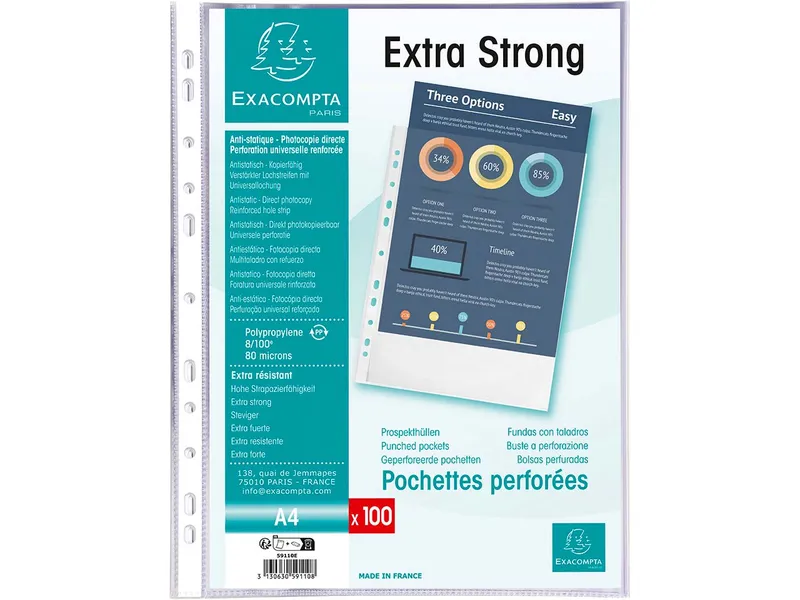 Exacompta Exacompta Prospekthüllen genarbt, DIN A4, 80µ, 100 Stk. – Produktbild 1 von 1
