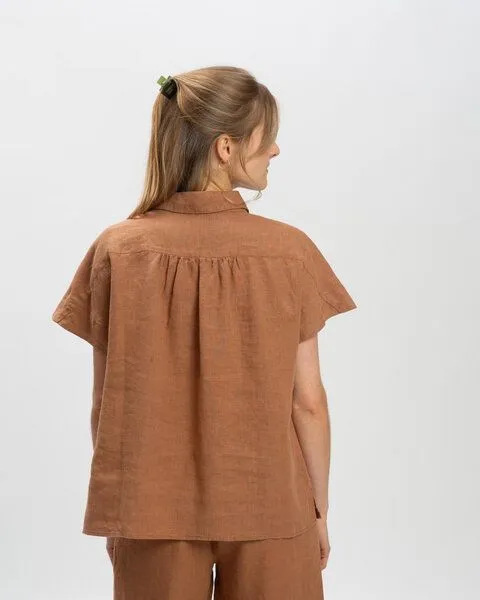MATONA Matona Kurzarmbluse aus Leinen für Frauen / Linen Blouse, Coffee, – Produktbild 2 von 4