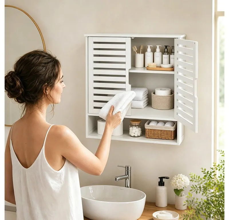 JEOBEST Hängeschrank Badschrank, Bambus Badezimmerschrank, Wandregal (1-St) Platzsparend, Wandschrank mit Doppeltüren, Weiß, – Produktbild 3 von 5