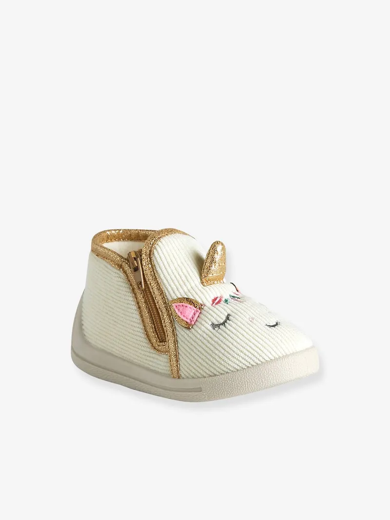 Vertbaudet Baby Stoff-Hausschuhe mit Reißverschluss, Wollweiß einhorn, – Produktbild 1 von 4