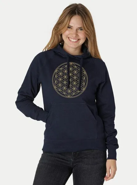 Peaces.bio - handbedruckte Biomode Peaces.bio - handbedruckte Biomode Bio-Damen-Kapuzensweater Die Blume des Lebens, Navy, – Produktbild 2 von 2