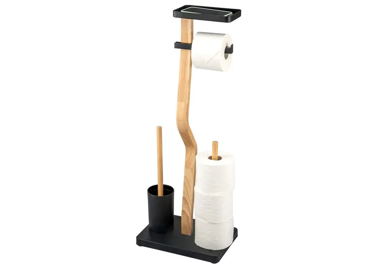 eluno WC-Garnitur freistehend, aus FSC-zertifiziertem Holz und schwarzem Metall, Schwarz, – Produktbild 1 von 5