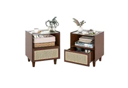 COSTWAY COSTWAY Nachttisch (2-St), mit Schublade und Glastischplatte, aus Bambus & Rattan – Produktbild 1 von 1