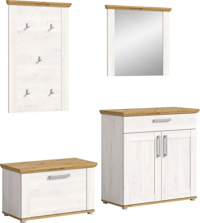 Home affaire Garderoben-Set COSENZA, Breite ca. 190 cm, 4-teilig, in Landhausoptik, (4-St., bestehend aus: Sitzbank, Garderobenpaneel, Schuhschrank, Spiegel), Garderobenkombination, Kombination, Diele, Garderobe, Garderobenmöbel, Weiß, – Produktbild 2 von 5