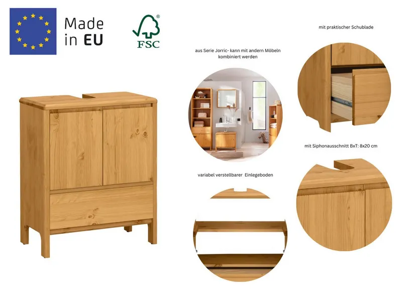 OTTO products Waschbeckenunterschrank Jorrick Breite 60 cm, Kiefer mit Bio Öl/Wachs behandelt, Siphonausschnitt, Beige, – Produktbild 4 von 8