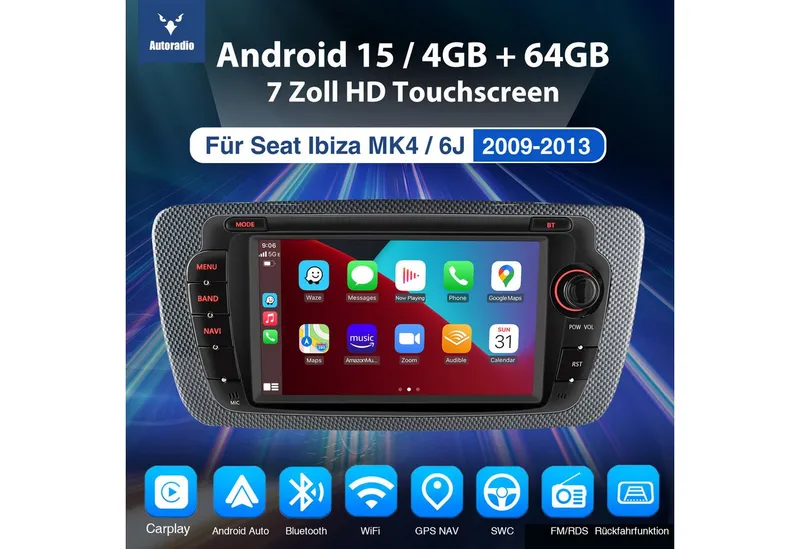 ESSGOO DAB+ 64G Android 15 Für Seat Ibiza IV 6J 2009-13 GPS Navi RDS Carplay Autoradio (RDS, 4+64GB(optional), DAB (optional), FM, AM, DAB+ (optional), Apple Carplay & Android Auto,2+64GB(optional),EQ SWC,DBA) – Produktbild 1 von 5