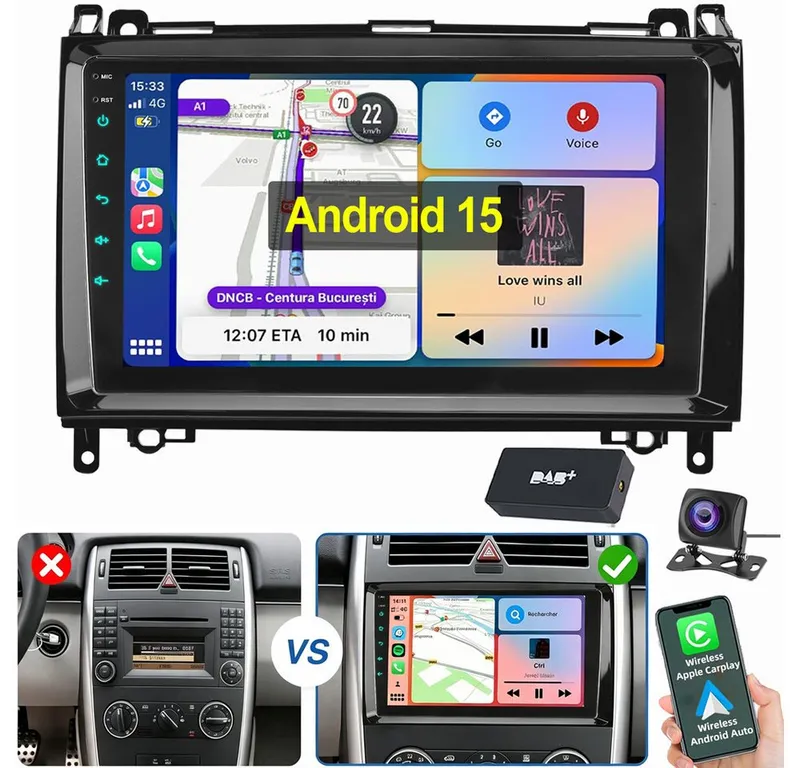 ESSGOO Android 15 Für Mercedes-Benz A/B Klasse/Vito W169 W639 W245 W906 Navigationsgerät (2 DIN Carplay Bluetooth Navigationsgeräte Rückfahrkamera(optional), Schwarz, – Produktbild 1 von 6