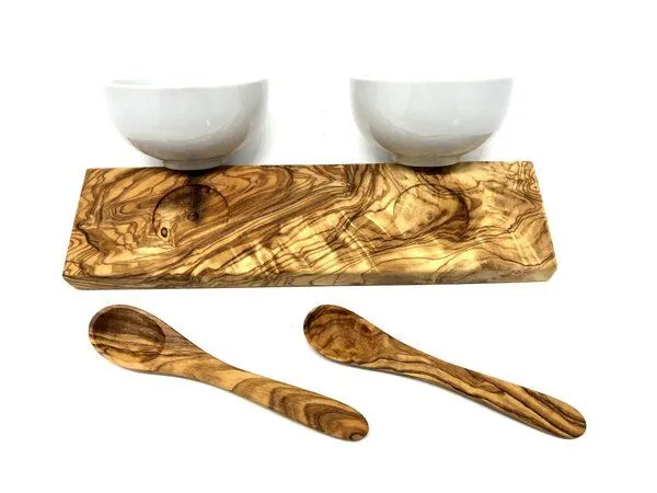 Olivenholz erleben Olivenholz erleben Dipschalenset KLASSIK Porzellan rund inkl. 2 Löffel aus Olivenholz – Produktbild 4 von 4