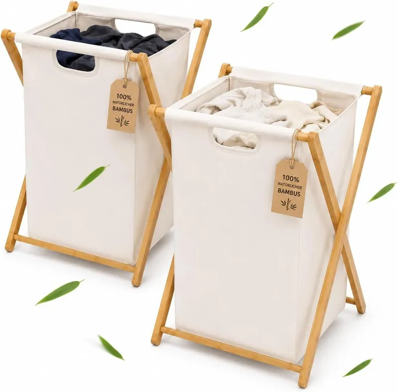 Zedelmaier Wäschekorb aus Bambus, Wäschesammler mit Fächern, Wäschesortierer Holz (2 St), mit 66 Liter pro Stück, für Badezimmer Schlafzimme Waschküche, Beige, – Produktbild 2 von 5