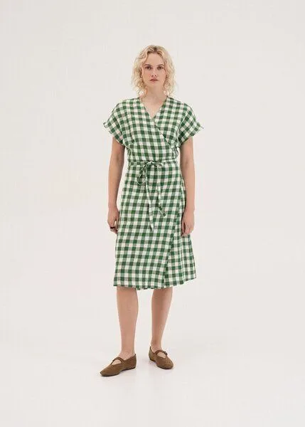 AmourLinen AmourLinen Wickelkleid aus Leinen OLIVIA, Grünes gingham, – Produktbild 1 von 4