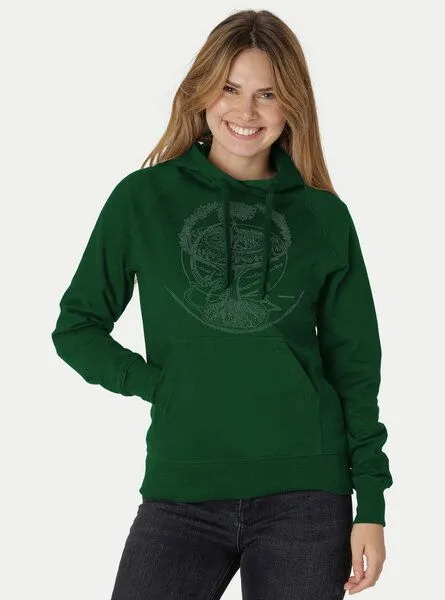 Peaces.bio - handbedruckte Biomode Peaces.bio - handbedruckte Biomode Bio-Damen-Kapuzensweater Weltenesche, Flaschengrün, – Produktbild 2 von 2