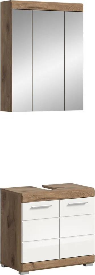 welltime Badmöbel-Set SIENA, 2 tlg., bestehend aus: Waschbeckenunterschrank, Spiegelschrank, (Set, 2-St., TOPSELLER), in verschiedenen Farben erhältlich, Badmöbel, Kombination, Badezimmer, Nox oak nachbildung/weiß hochglanz, – Produktbild 2 von 5