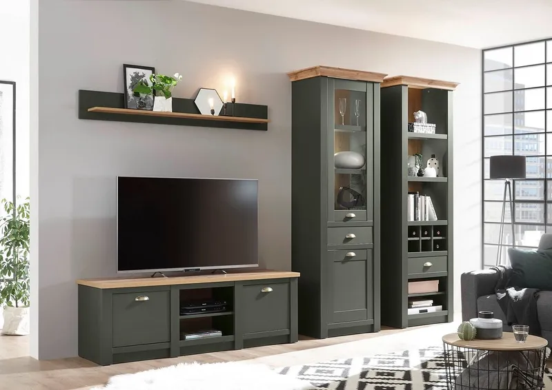 Home affaire Wohnwand Cambridge, moderne Anbauwand, Metallgriffen, Komplettset, Landhausstil, (Set, 4-St), enthält Regal, Vitrine, Lowboard und Wandboard, ohne Beleuchtung, Grün, – Produktbild 3 von 5
