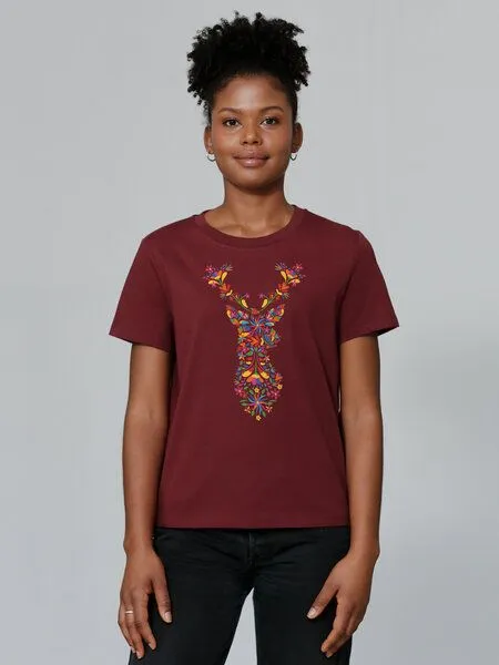 watapparel watapparel T-Shirt Frauen Floral Deer, Burgundy, – Produktbild 2 von 3