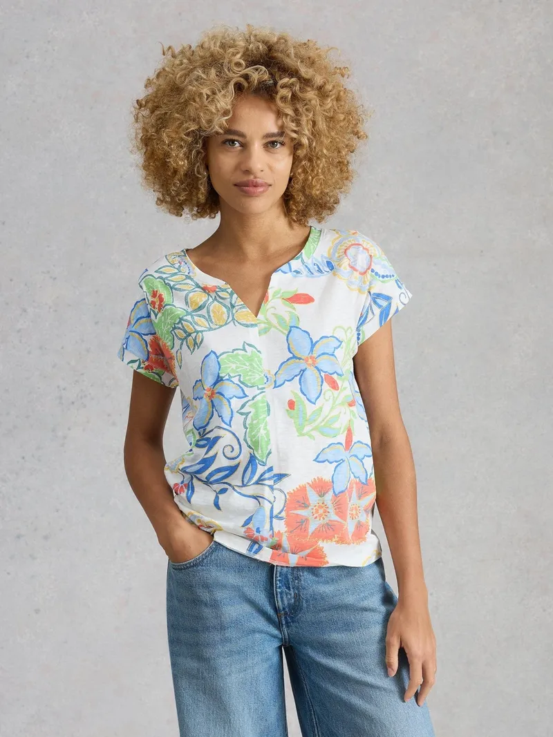 White Stuff T-Shirt Nelly mit Keilausschnitt - 44, Elfenbein multi, – Produktbild 3 von 4