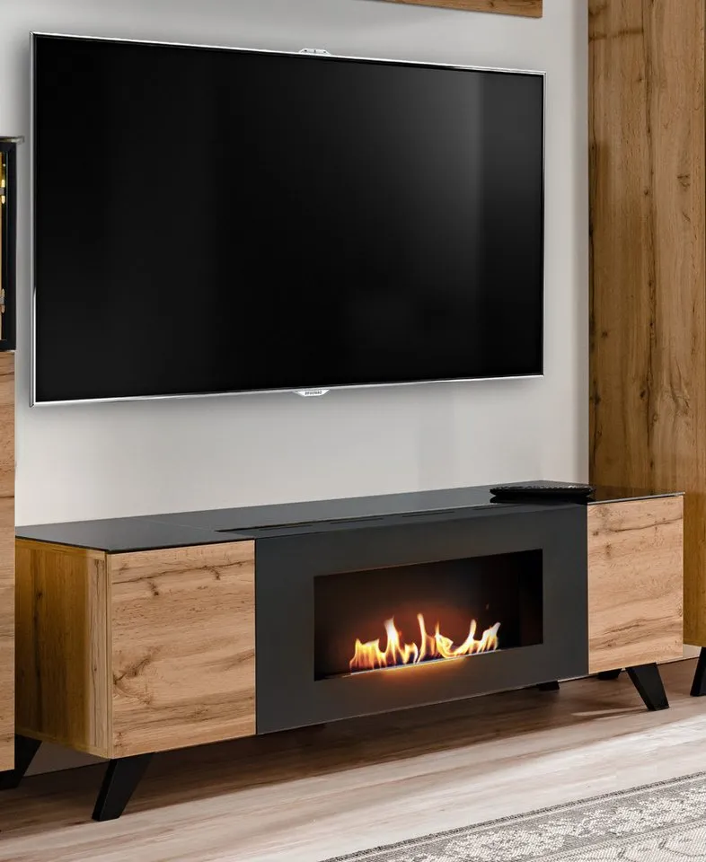 Furn.Design TV-Board Heritage (TV Lowboard in Wotan Eiche mit Schwarz, 2-türig, 150 x 47 cm), Push-To-Open-Funktion und integrierter Kamin, Beige, – Produktbild 5 von 5