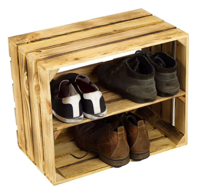 Kistenkolli Altes Land Allzweckkiste 3x Schuhschrank Schuhregal geflammt Holz 12 Paar 50x30x40cm (Spar-Set, 3er Set), Braun, – Produktbild 5 von 5