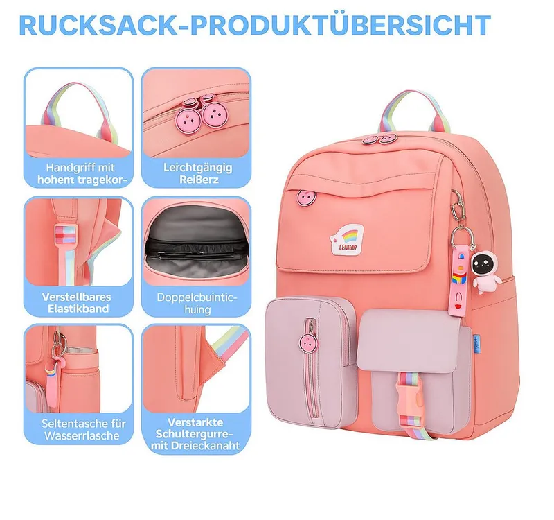 Diyarts Kinderrucksack, Trendiger Mädchenrucksack: Geräumig, Leicht und Robust, Rosa, – Produktbild 3 von 5
