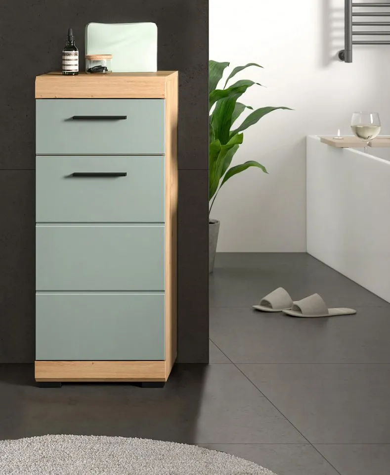 Inn.Furn Badkommode Shawn (Badschrank in Salbei und Artisan Eiche, 37 x 88 cm), mit Vollauszug, Beige, – Produktbild 4 von 5