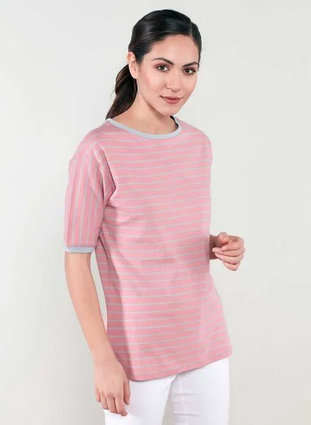 ORGANICATION ORGANICATION Gestreiftes Rundhals 1/2 Arm T-Shirt aus Bio-Baumwolle, Peachy & grey, – Produktbild 3 von 4