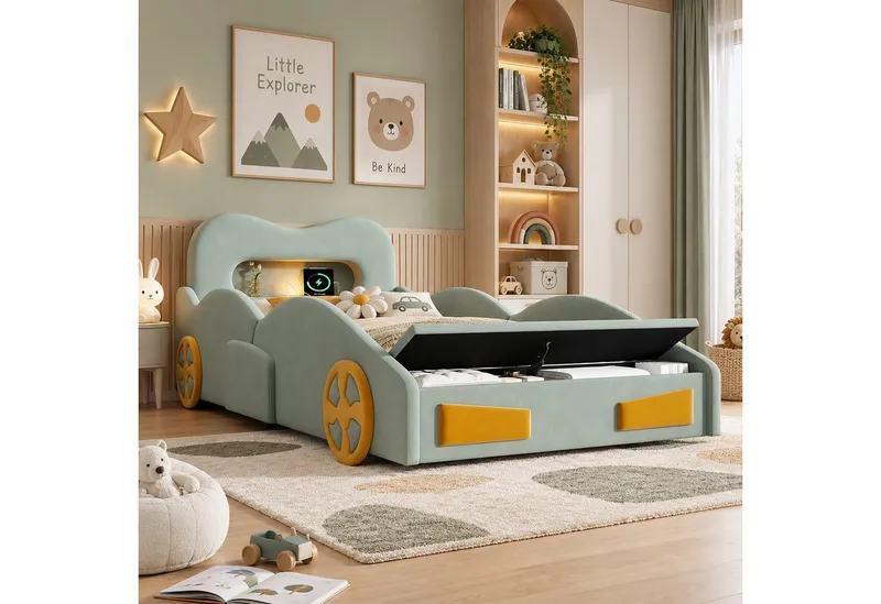 i@home Kinderbett 90 x 200cm Kinderbett Autobett Polsterbett mit Leselicht,Ladeanschluss, Bettkasten am Fußende, Autobett Bett mit Räderdesign, Flanell, Grün, – Produktbild 5 von 5