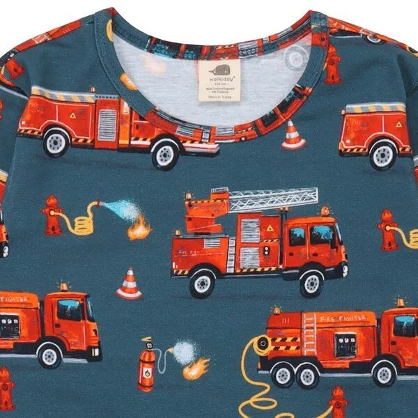 Walkiddy Kinder Langarmshirt Bio-Baumwolle Fire Fighters, GOTS-zertifiziert – Walkiddy, weicher Jersey mit Feuerwehr-Allover, Blau, – Produktbild 2 von 2