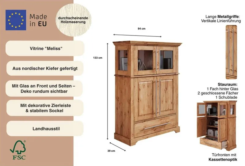 OTTO home Highboard Melissa Vitrine Breite/Höhe/Tiefe 94/39/133 cm, Beige, – Produktbild 1 von 5