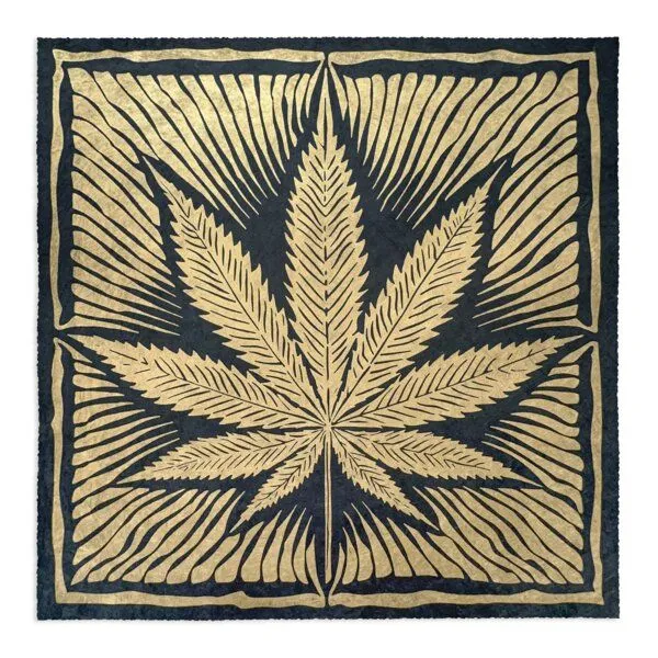 Veskor Cassiopeia Veskor Cassiopeia CANNABIS BLATT Marihuana Pflanzen Linoldruck | 40 × 40 cm | Bronze auf Schwarz – Produktbild 1 von 4