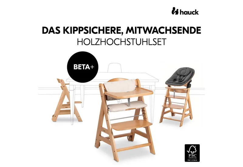 Hauck Hauck Hochstuhl Beta Plus Newborn Set Eco - Natural, Holz Babystuhl ab Geburt mit Neugeborenensufsatz, Sitzkissen, Essbrett – Produktbild 3 von 5