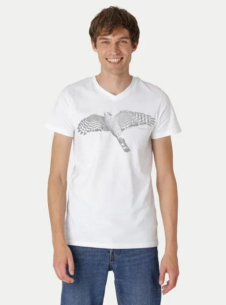 Peaces.bio - handbedruckte Biomode Peaces.bio - handbedruckte Biomode Bio-Herren-T-Shirt V-Neck Sperber, Weiß, – Produktbild 2 von 2