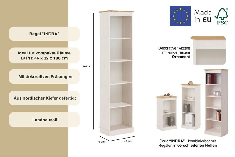 OTTO home Bücherregal Indra, Standregal, Regal, aus Massivholz, aus massiver Kiefer, in verscheidenen Höhen, mit FSC®, Weiß, – Produktbild 4 von 8