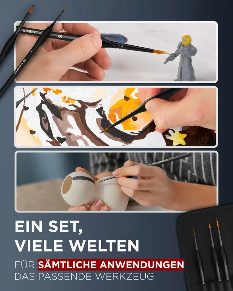 LIEBERGE Malpinsel Premium Set – 10 Detailpinsel für Acryl, Aquarell, inkl. Präsenter, (Set, 10 St., Pinselpräsenter, Flachpinsel, Fächerpinsel, Rundpinsel, Schrägpinsel), Synthetikhaar, vegan, langlabig, hohe Farbaufnahme, Anfänger, Profis, Schwarz, – Produktbild 4 von 5