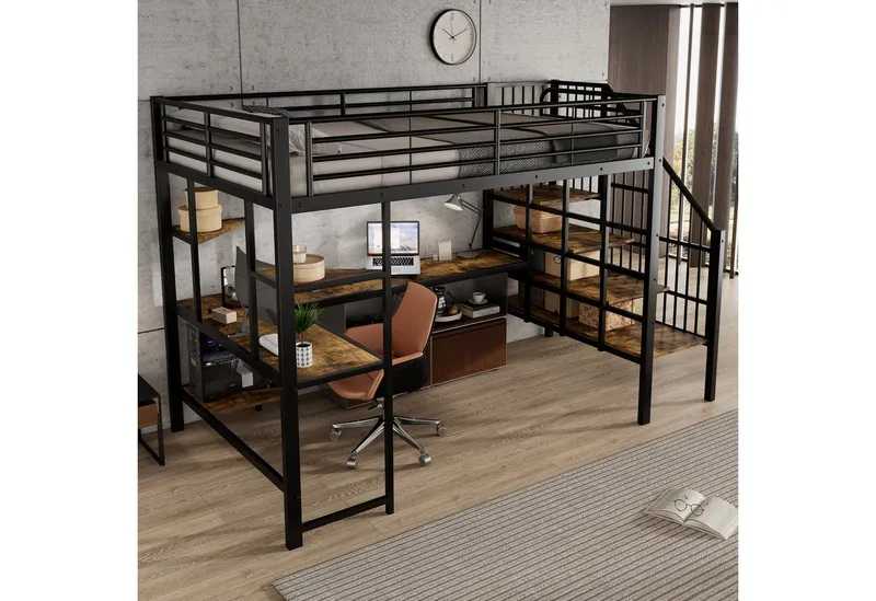 Merax Hochbett 120x200cm mit Ladeanschluss (Kinderbett aus Eisen & MDF, 1-St., Eisen-Etagenbett Einzelbett Jugendbett) Metallbett mit Schreibtisch, Tastaturablage, Ecktreppe & Ablageflächen, Schwarz, – Produktbild 3 von 5