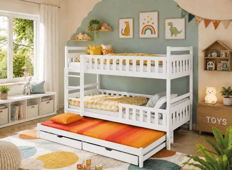 Kids Collective Etagenbett Hochbett Stockbett Kinderbett 90x200 cm mit Ausziehbett und Schubladen (Umbaubar zu 3 Einzelbetten), mit Lattenrosten & Rausfallschutz weiß, Weiß, – Produktbild 1 von 5