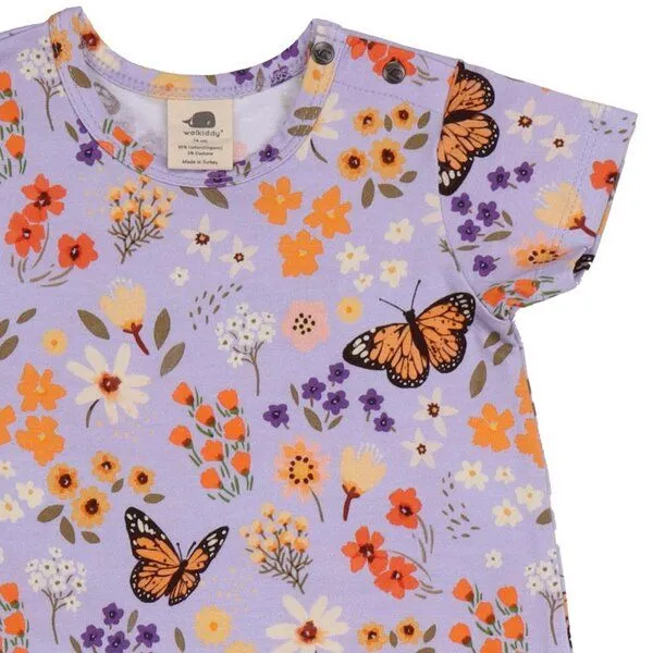 Walkiddy Walkiddy Baby Kurzarm-Body GOTS-zertifiziert aus Bio-Baumwolle mit Blumen-und-Schmetterlings-Muster, Blau, – Produktbild 2 von 2