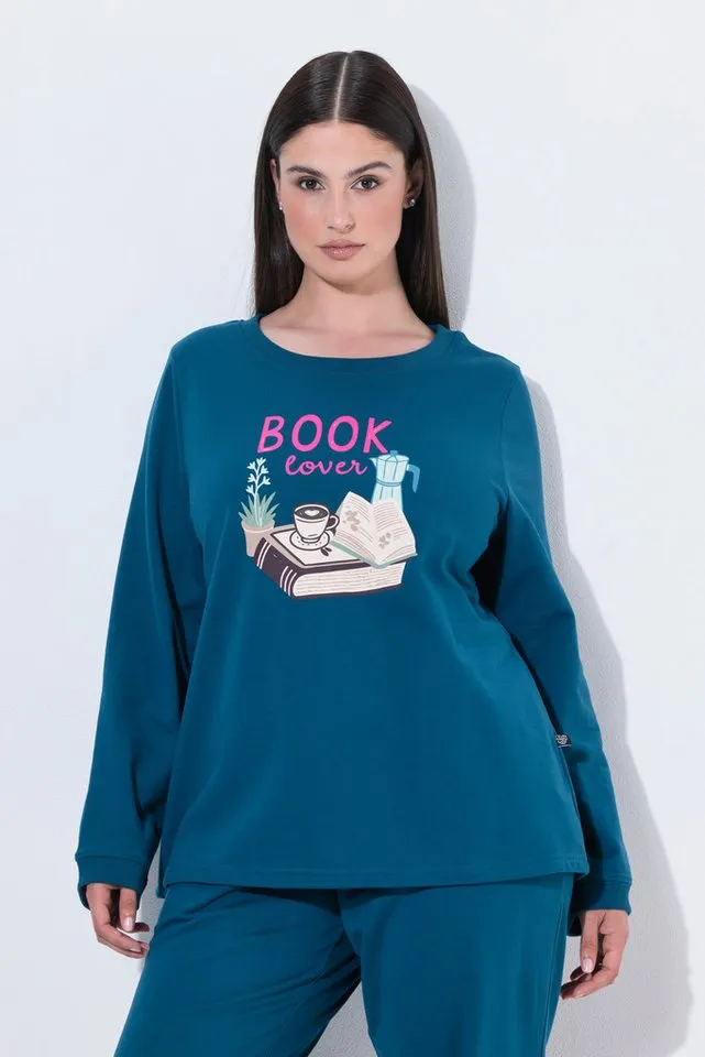 Ulla Popken Sweatjacke Loungewear-Sweater Book Lover Rundhals Langarm, Blau, – Produktbild 2 von 4