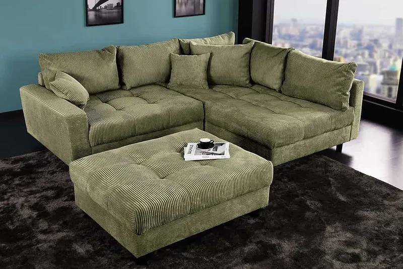 riess-ambiente Ecksofa KENT 220cm grün - Cord, L-Form, Federkern, m. Kissen, FSC-zertifiziert, Einzelartikel 1 Teile, Moderne Wohnlandschaft inkl. Hocker - ideal für Wohnzimmer u. Familien, Grün, – Produktbild 3 von 5