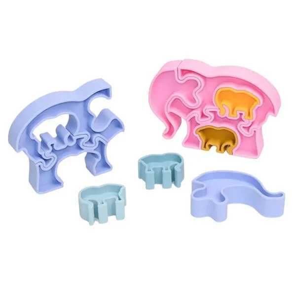 PETIKIDS PETIKIDS Montessori-Lernspielzeug aus Silikon – 3D-Puzzle: Elefantenmutter und ihre Jungen, Blau, – Produktbild 2 von 3