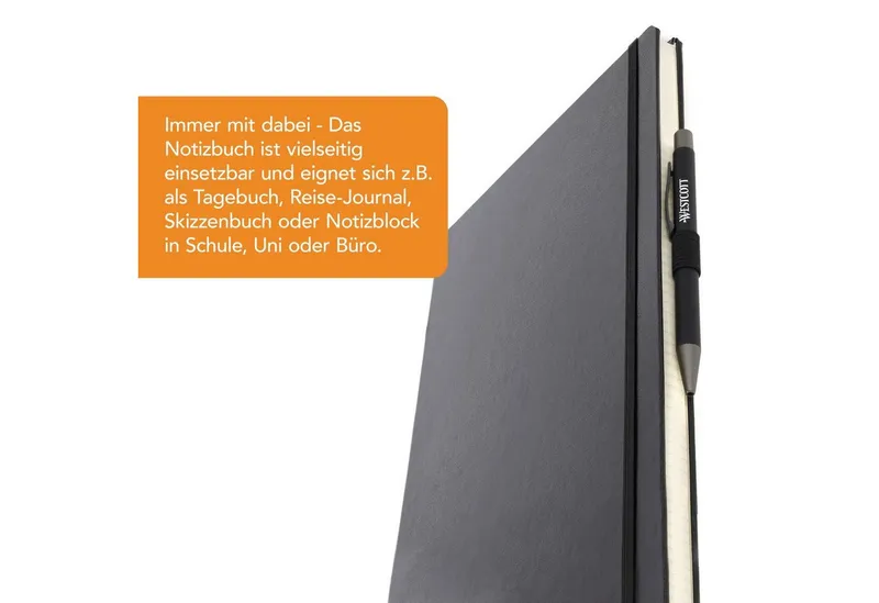 Westcott Westcott Notizbuch DIN A4 kariert, 192 Seiten im Hardcover, 80 g/m² FSC Mix-Papier, mit Innentasche, Lesezeichen, Gummizug und Stifthalter, Schwarz, – Produktbild 5 von 7