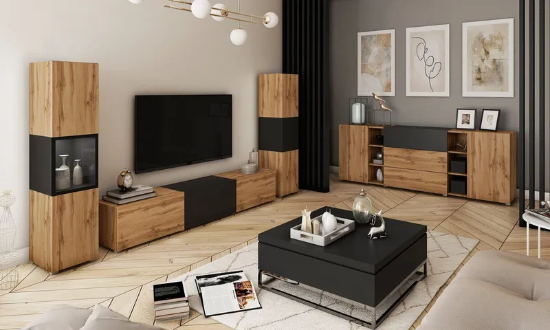 Home affaire Wohnwand BERLIN III, Vitrine Türschlag links/rechts wechselbar, (Komplett-Set, 3-St), moderne grifflose Mediawand Breite 260 cm, Vitrine mit Verglasung, Beige|schwarz, – Produktbild 5 von 5