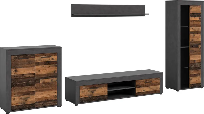 OTTO home Wohnwand AOSTA, Breite 330cm, 4-teilige Wohn-Kombination, (4-St., bestehend aus: Highboard, Lowboard, Wandboard, Vitrine), Wohnwand, Kombination, Anbauwand, Möbel Set, Schrankwand, Möbel Kombi, Grau, – Produktbild 2 von 5